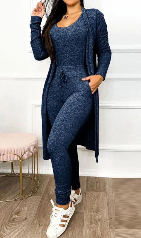 Women's Scoop Neck Jumpsuit with Long Cardigan Set