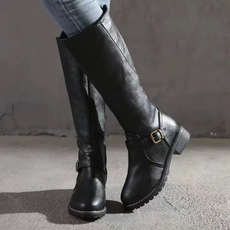Women's Knee-High Boots with Buckle Strap and Side Zip