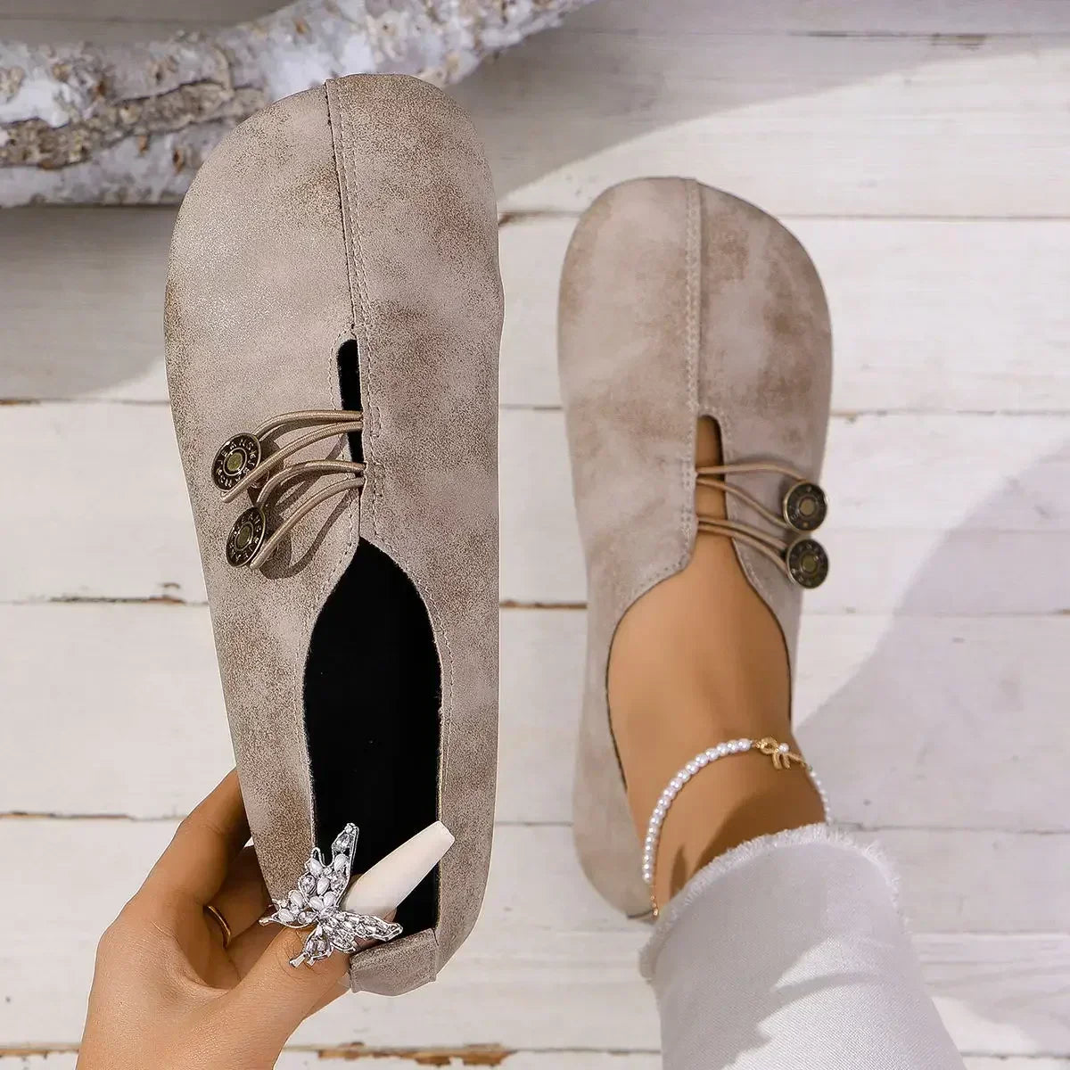 Women's Suede Loafers with Elastic Button Closure and Padded Insole
