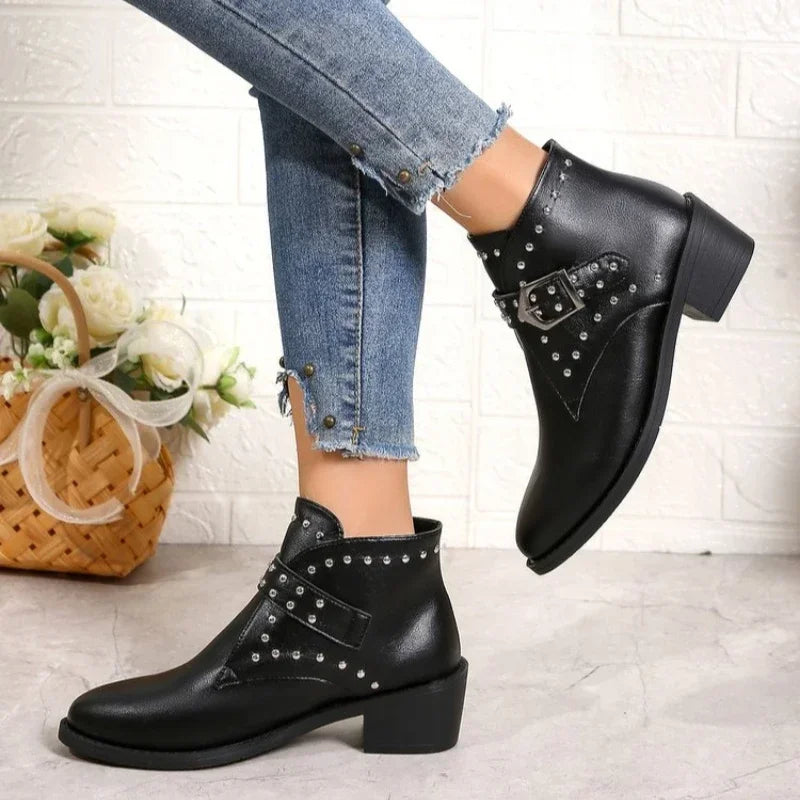 Women's Studded Ankle Boots with Block Heel and Buckle Strap