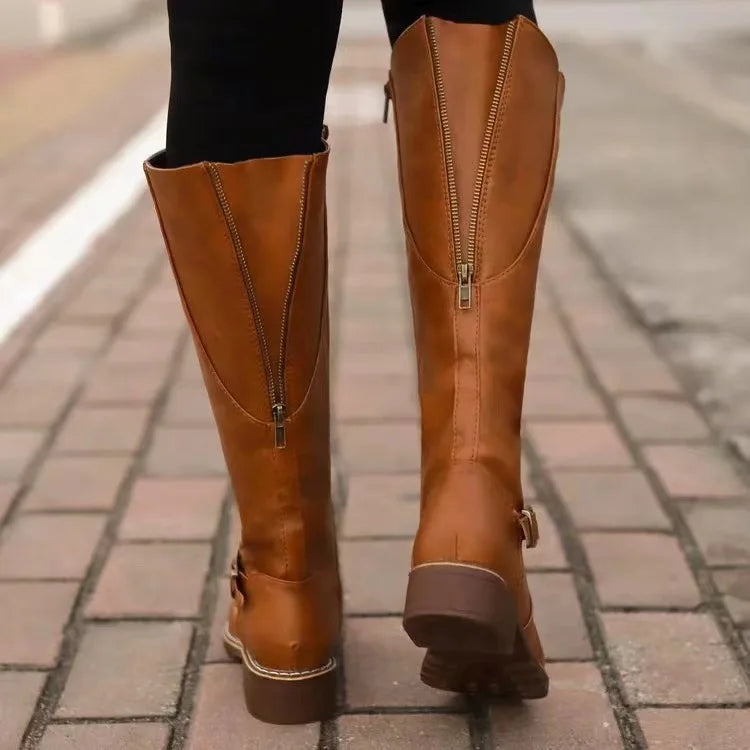 Women's Knee-High Boots with Buckle Strap and Side Zip