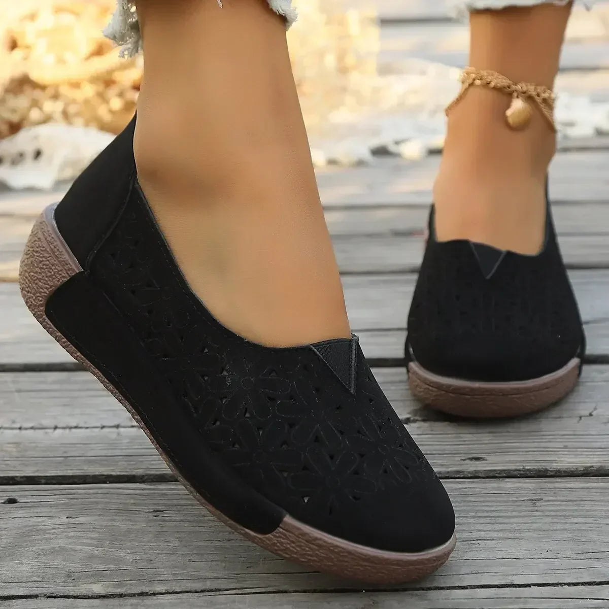 Women's Leather Loafers with Cushioned Wedge Sole and Slip-On Design