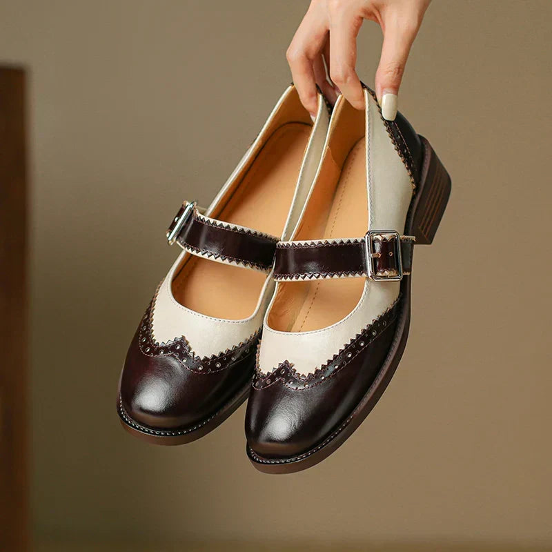 Women's Two-Tone Leather Mary Jane Shoes with Brogue Scalloped Edging and T-Strap Buckle
