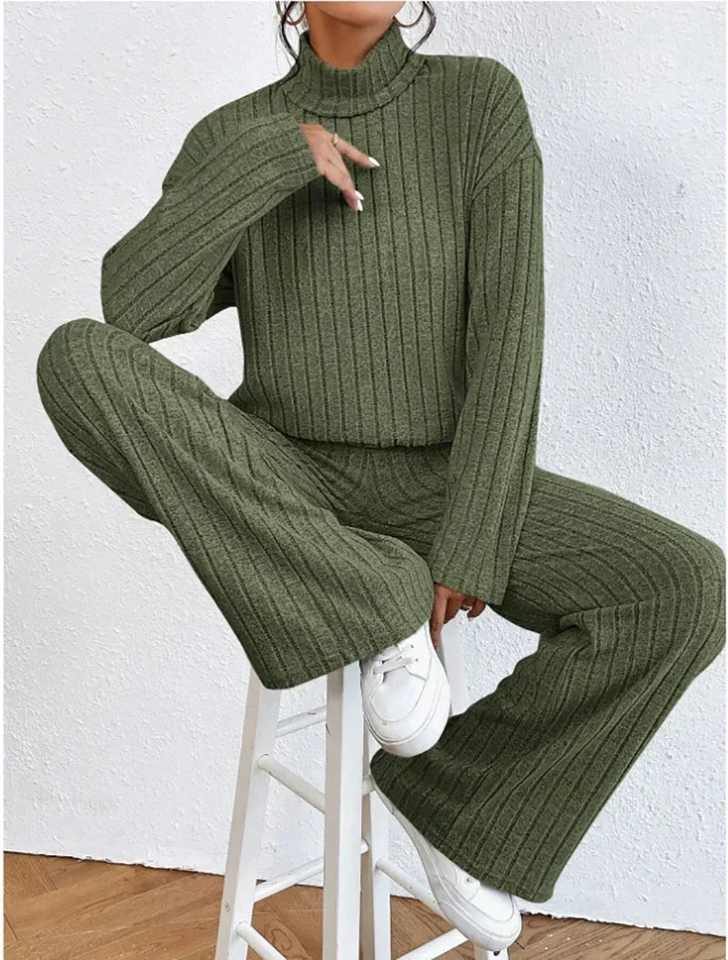 Women's Ribbed Turtleneck Sweater and Wide-Leg Pants Set