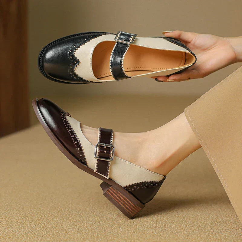 Women's Two-Tone Leather Mary Jane Shoes with Brogue Scalloped Edging and T-Strap Buckle
