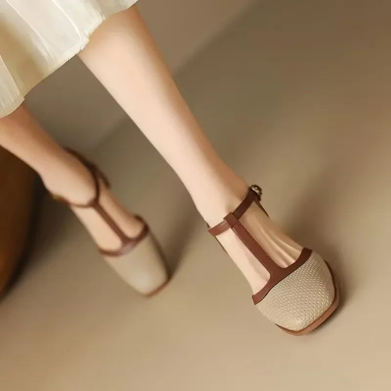 Women's Leather Mid Heel Shoes with Square Toe and Perforated Design