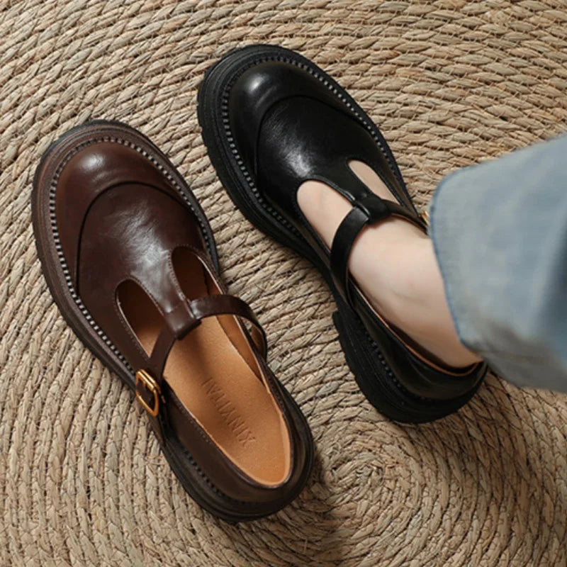 Women's T-Bar Mary Jane Shoes with Brogue Detail and Low Heel