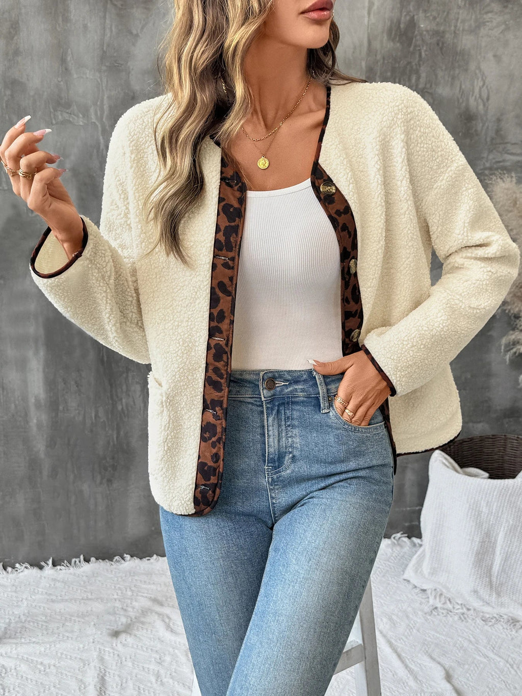 Women's Leopard Trim Teddy Cardigan Collarless