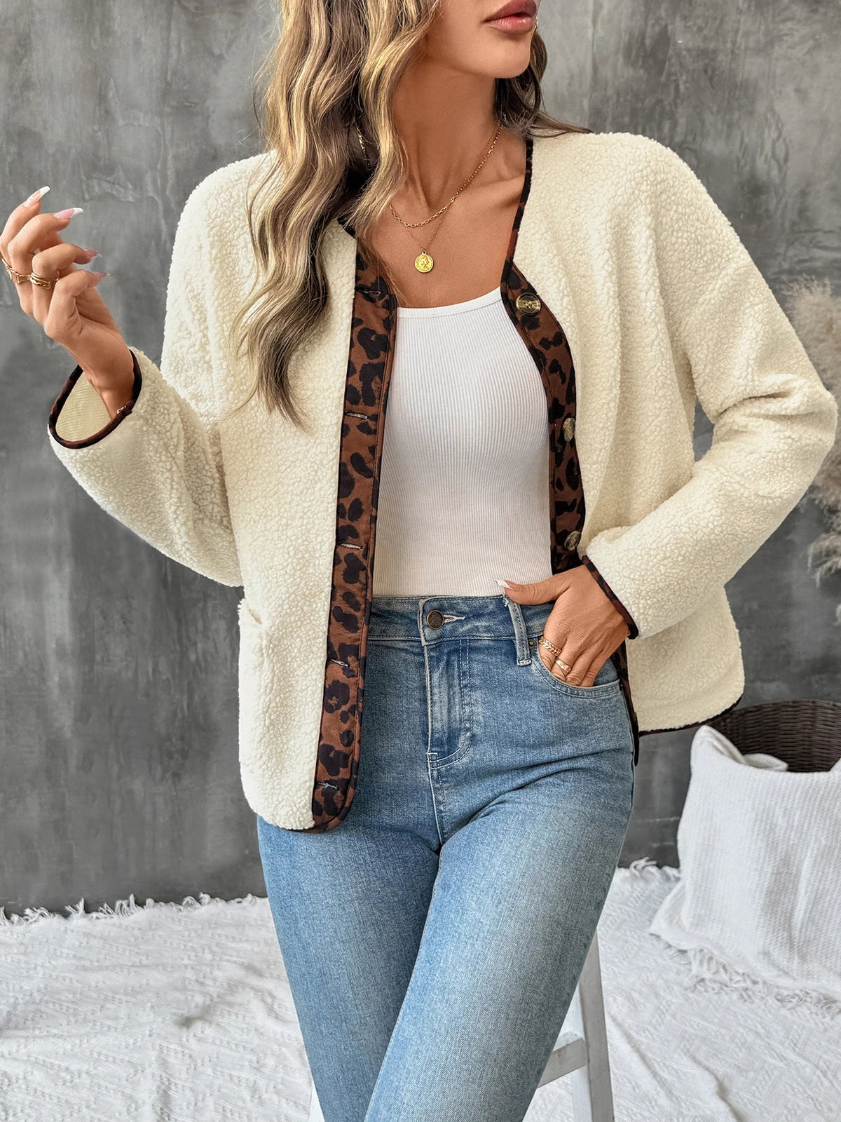 Women's Leopard Trim Teddy Cardigan Collarless