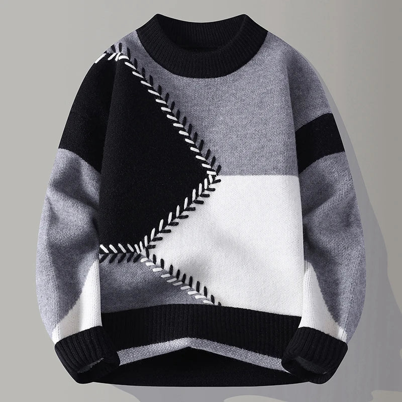 Unisex Geometric Patchwork Crew Neck Sweater, Long Sleeves
