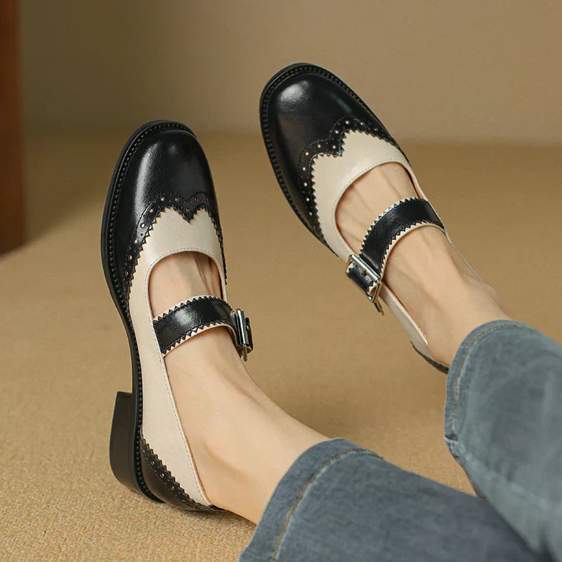 Women's Two-Tone Leather Mary Jane Shoes with Brogue Scalloped Edging and T-Strap Buckle