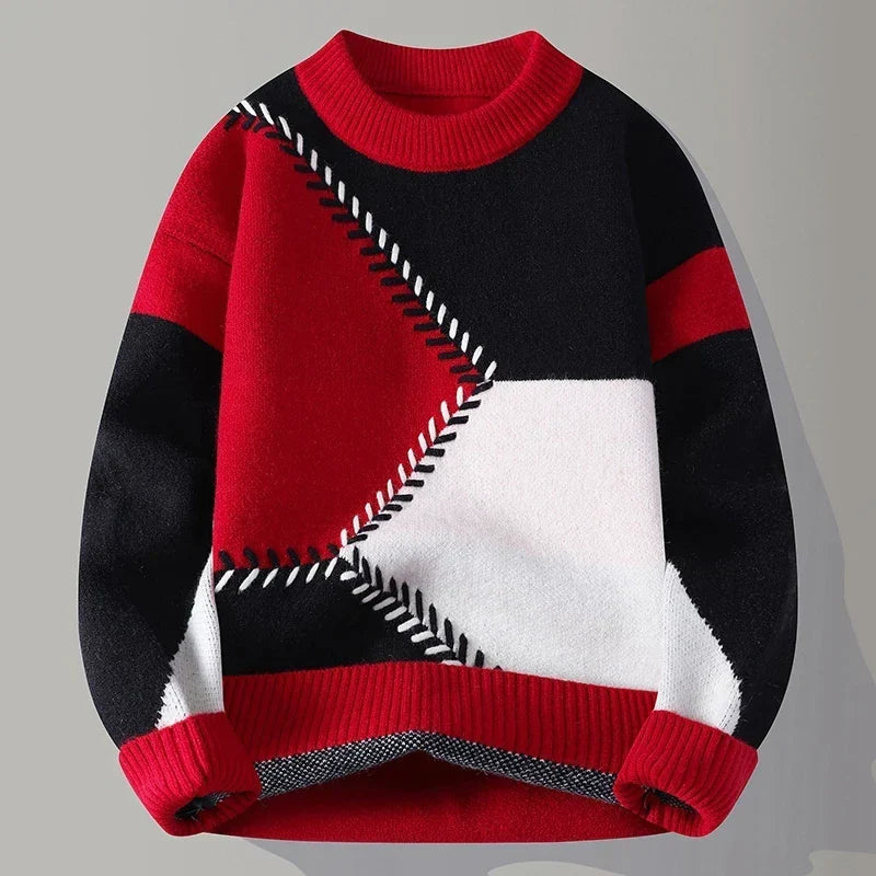 Unisex Geometric Patchwork Crew Neck Sweater, Long Sleeves