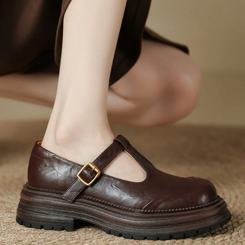 Women's T-Bar Mary Jane Shoes with Brogue Detail and Low Heel