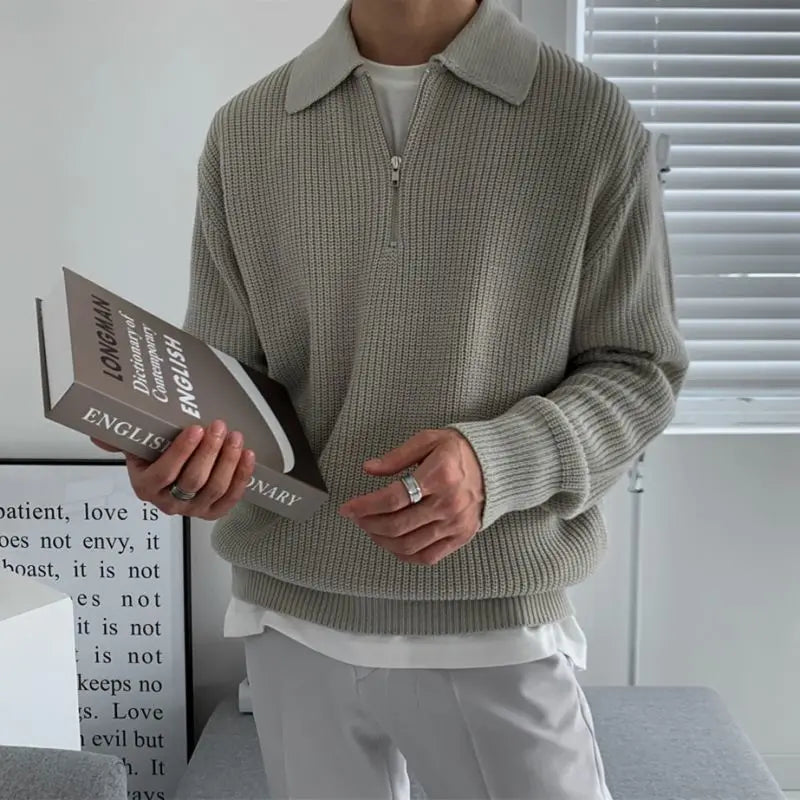 Men's Quarter Zip Rib Knit Sweater, Collared, Long Sleeves