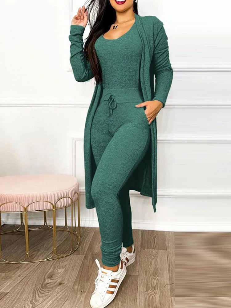 Women's Scoop Neck Jumpsuit with Long Cardigan Set