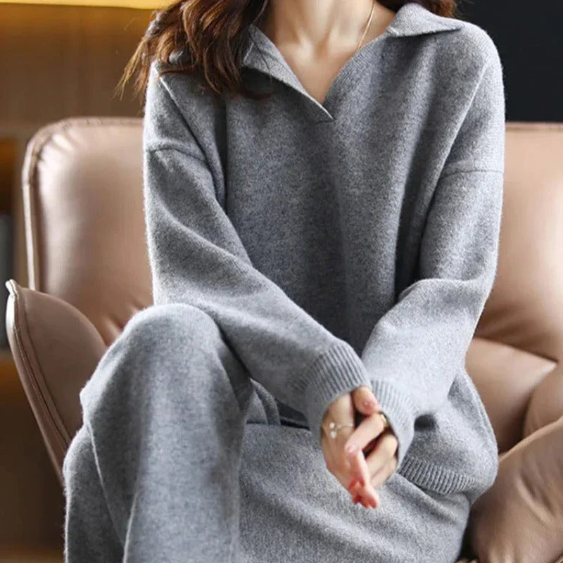 Women's Collared Loungewear Set with Ribbed Cuffs