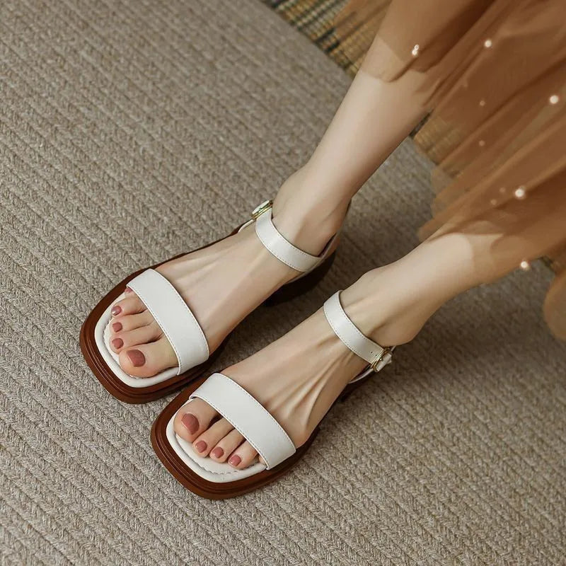 Women's Vegan Leather Sandals with Low Block Heel and Adjustable Strap