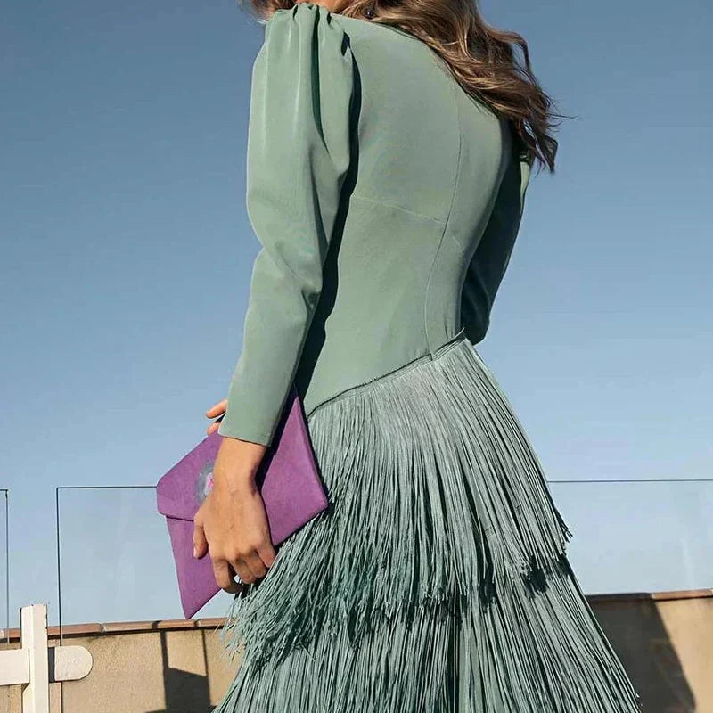 Women's Evening Dress with V-neck and Pleated Tassel Hem