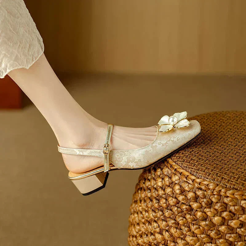 Women's Floral Mary Jane Pumps with Jacquard Upper and Adjustable Strap