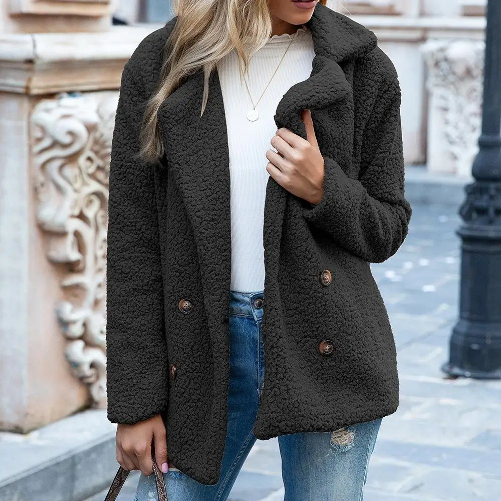 Women's Double-Breasted Teddy Coat with Notch Collar