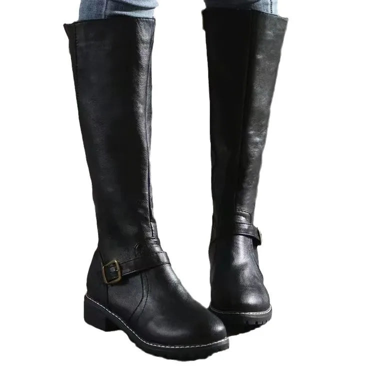 Women's Knee-High Boots with Buckle Strap and Side Zip