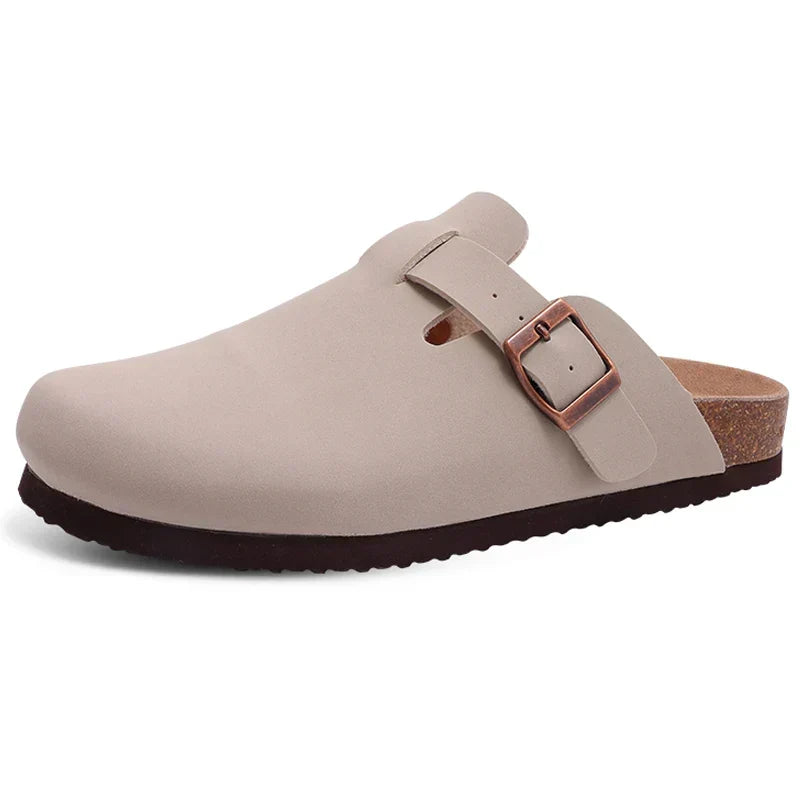 Women's Suede Sandals with Cork Sole and Decorative Buckle