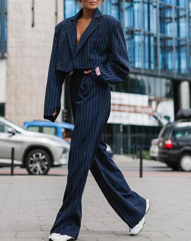 Women's Pinstripe Blazer and Wide-Leg Pants Set