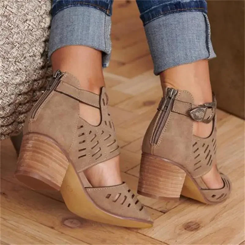 Women's Heeled Sandals with Ajour Pattern and Adjustable Ankle Strap