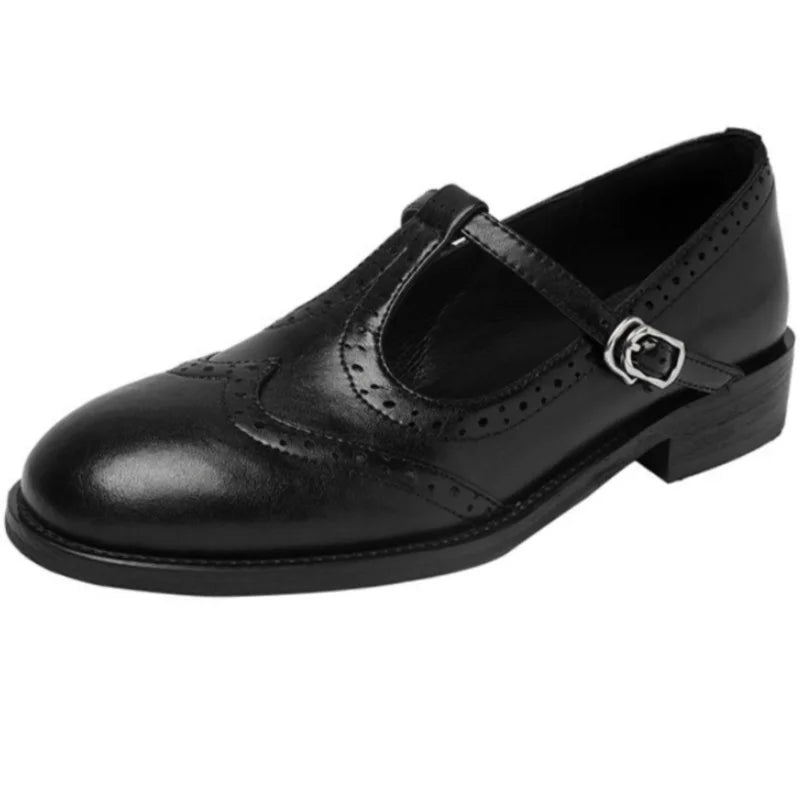 Women's T-Strap Mary Jane Shoes with Low Block Heel and Buckle