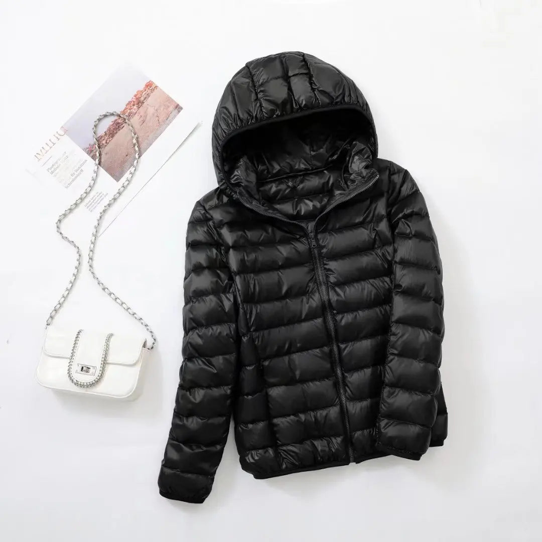 Women's Lightweight Hooded Puffer Jacket with Zipper Front