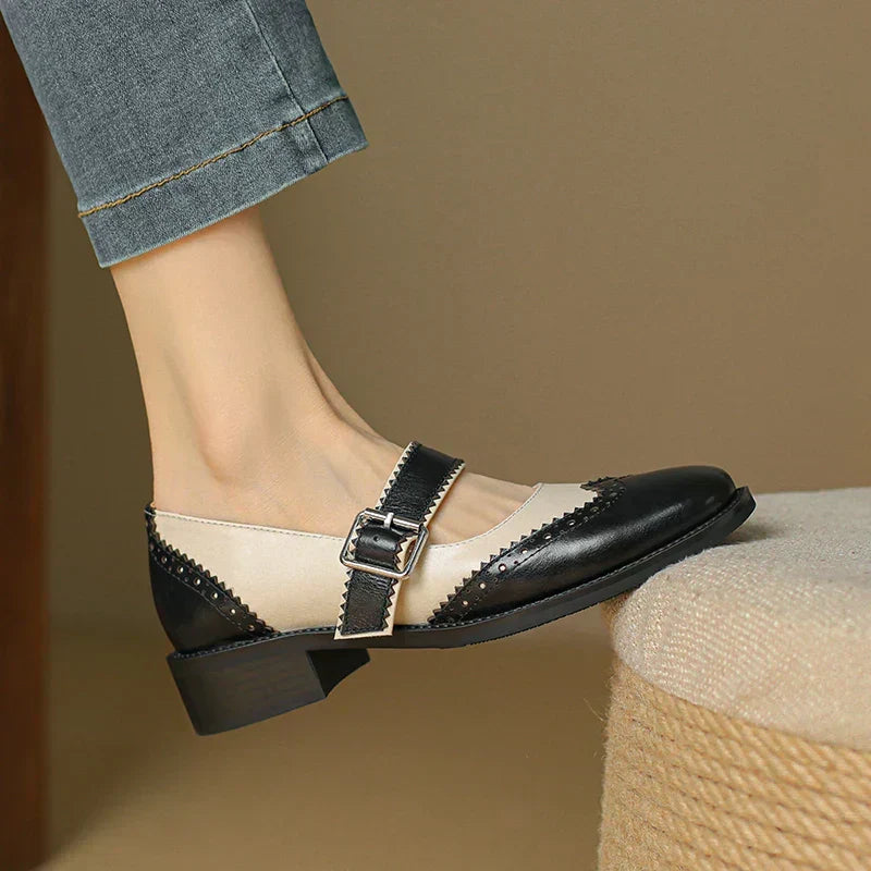 Women's Two-Tone Leather Mary Jane Shoes with Brogue Scalloped Edging and T-Strap Buckle