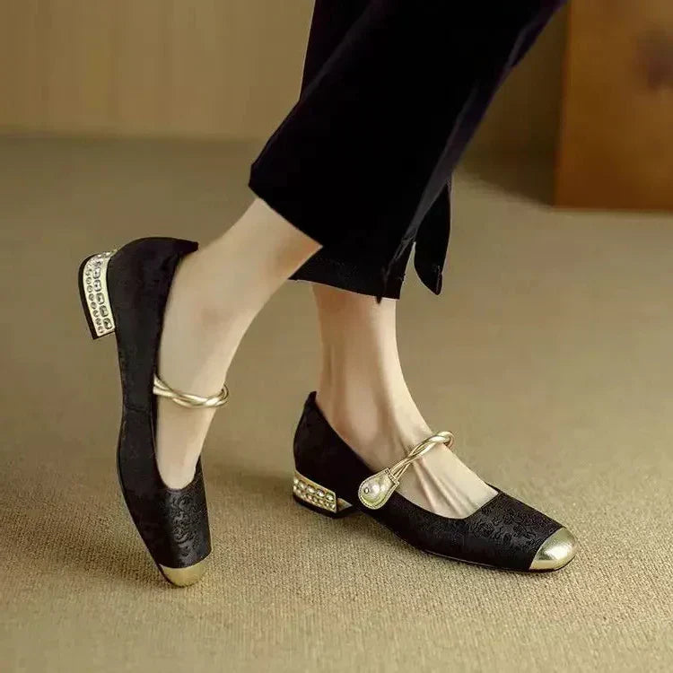 Women's Mary Jane Shoes with Pearl Strap and Glitter Block Heel