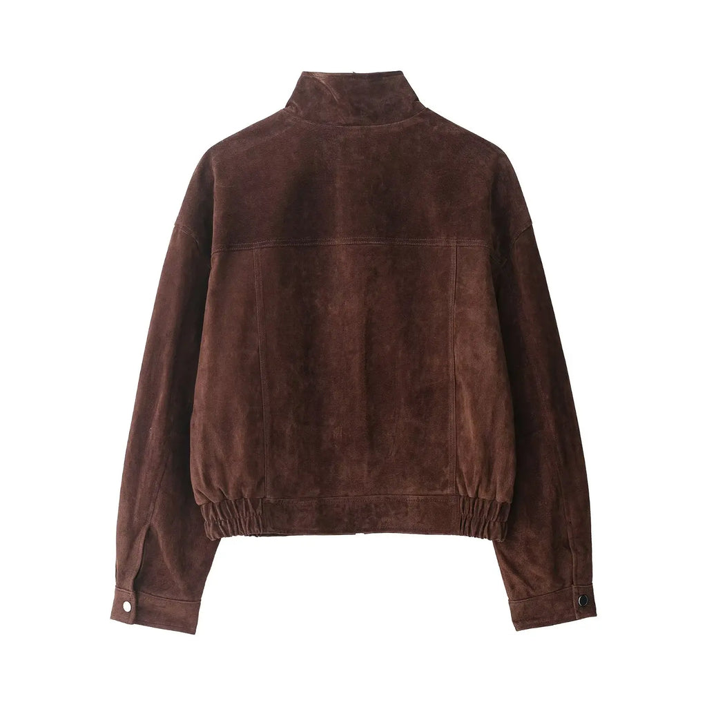 Montarello Women's Suede-Look Cropped Jacket with Snap Front