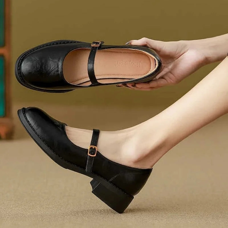 Women's Leather Mary Jane Shoes with Low Block Heel and Adjustable Strap