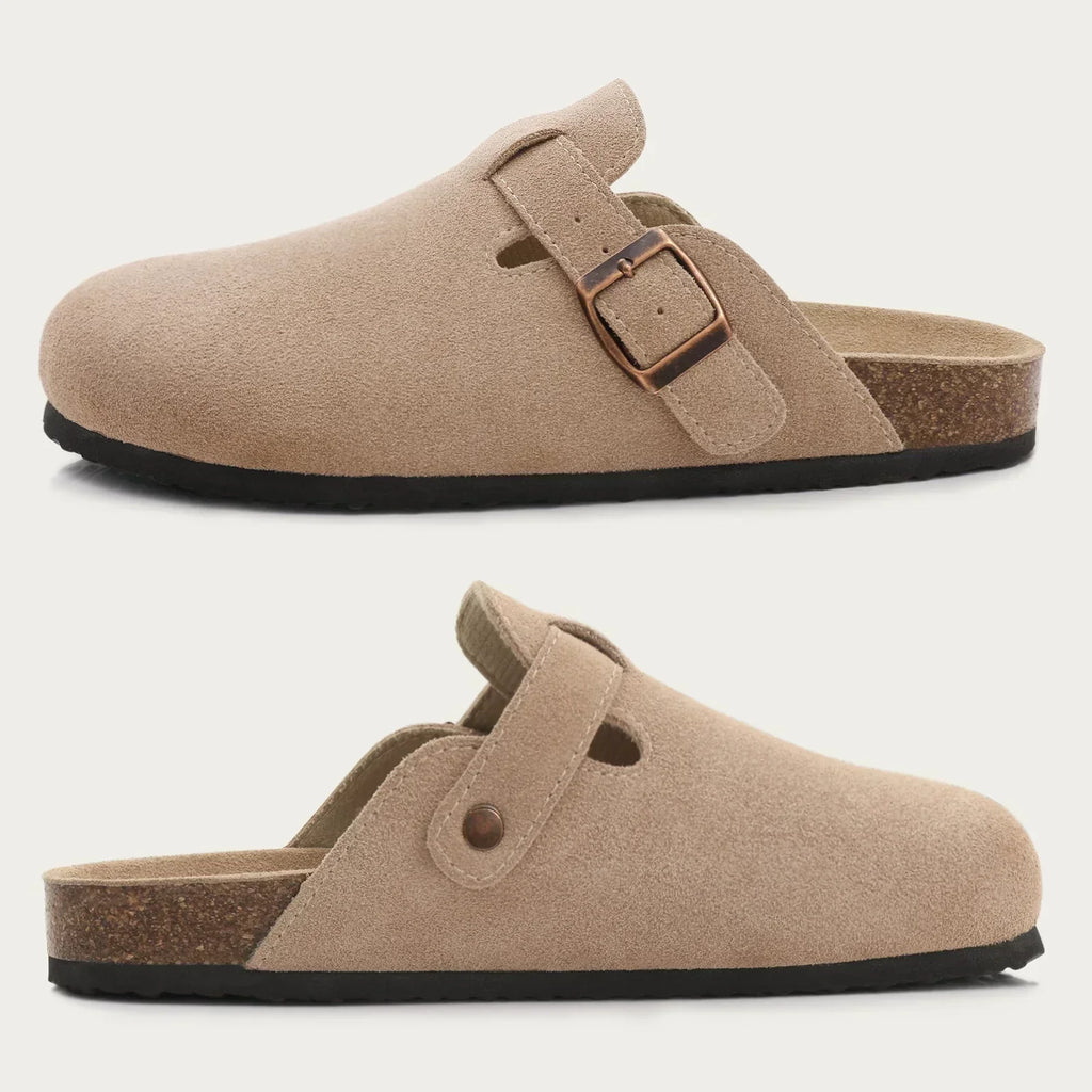 Women's Suede Sandals with Cork Sole and Decorative Buckle