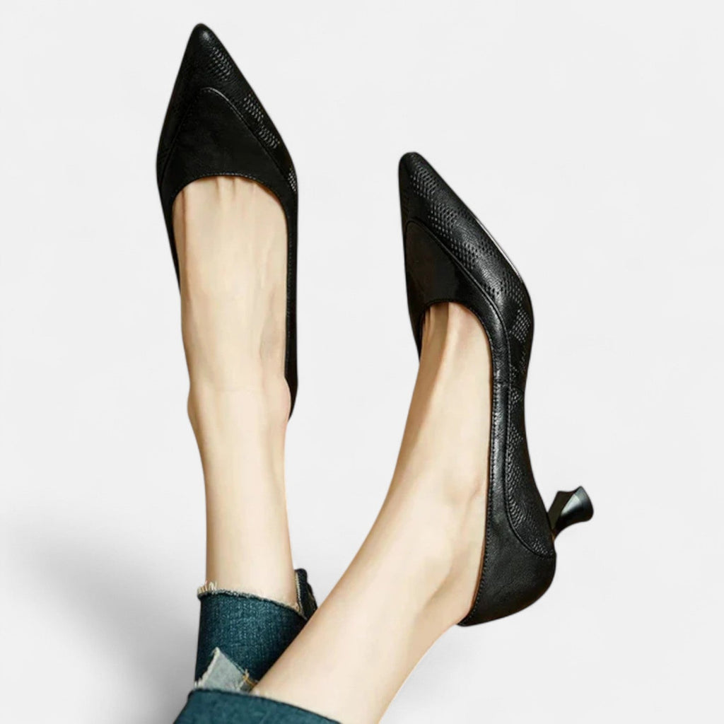 Women's Leather Heels with Embossed Texture and Cushioned Insole