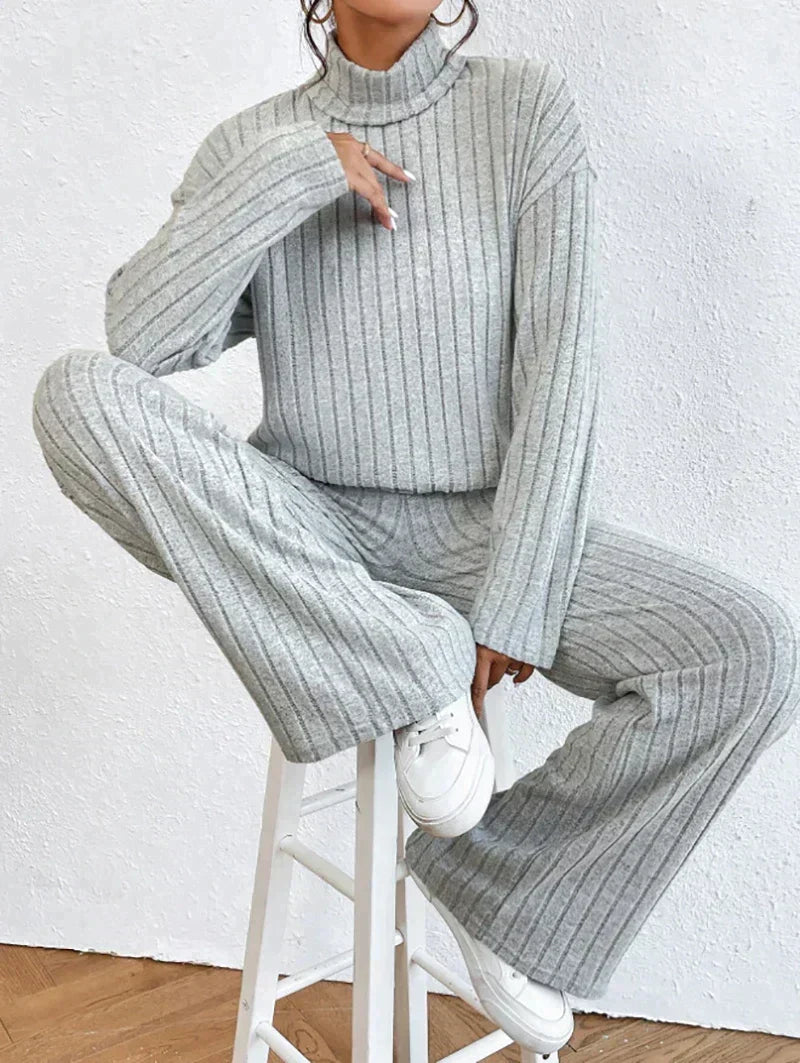 Women's Ribbed Turtleneck Sweater and Wide-Leg Pants Set
