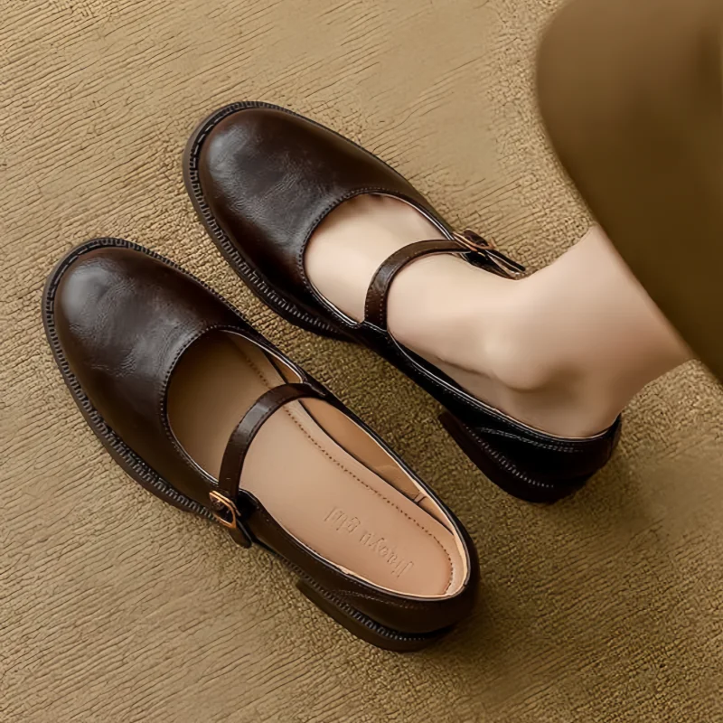 Women's Leather Mary Jane Shoes with Low Block Heel and Adjustable Strap