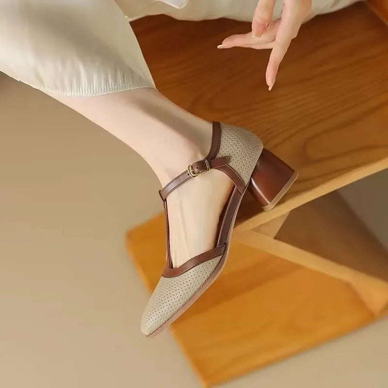 Women's Leather Mid Heel Shoes with Square Toe and Perforated Design