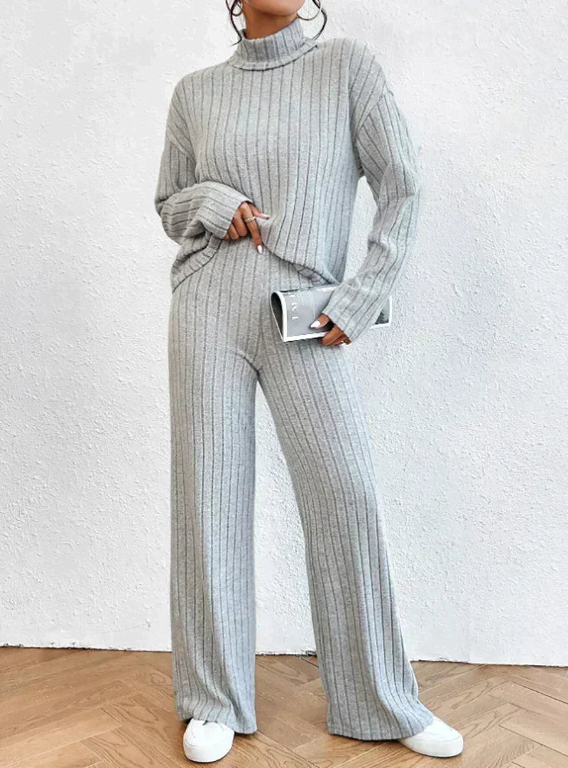 Women's Ribbed Turtleneck Sweater and Wide-Leg Pants Set