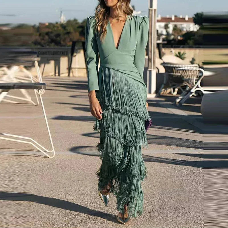 Women's Evening Dress with V-neck and Pleated Tassel Hem