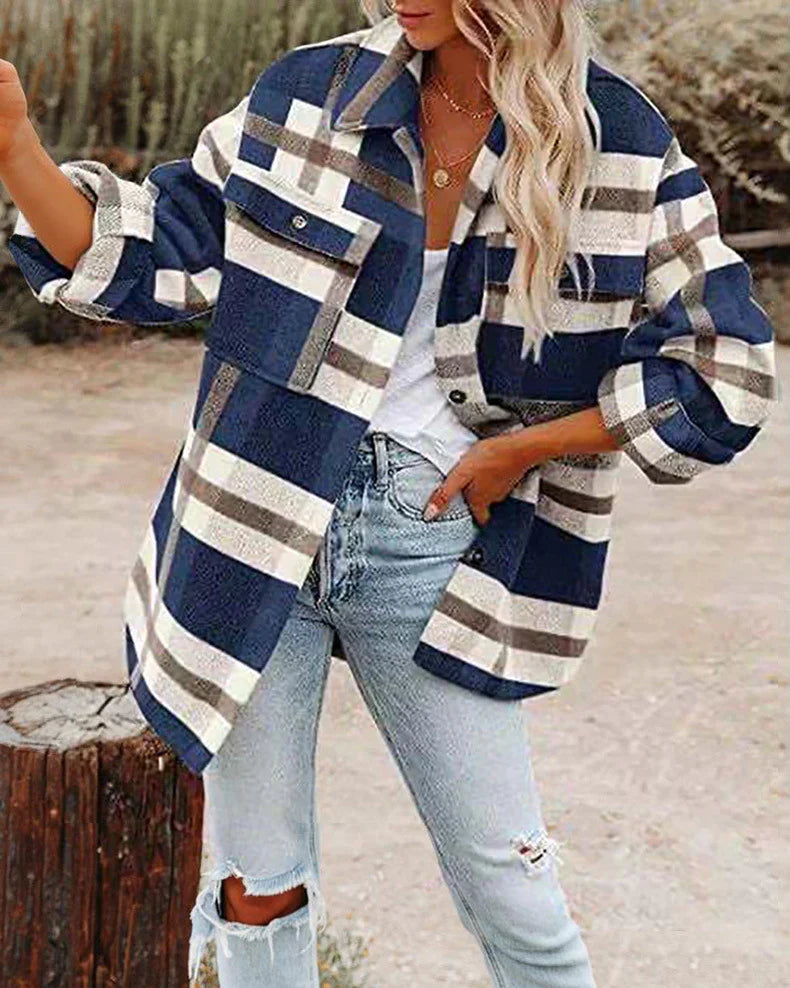Women's Plaid Shacket with Button Front and Oversized Fit
