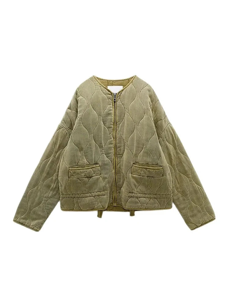 Women's Quilted Oversized Jacket with Front Zip