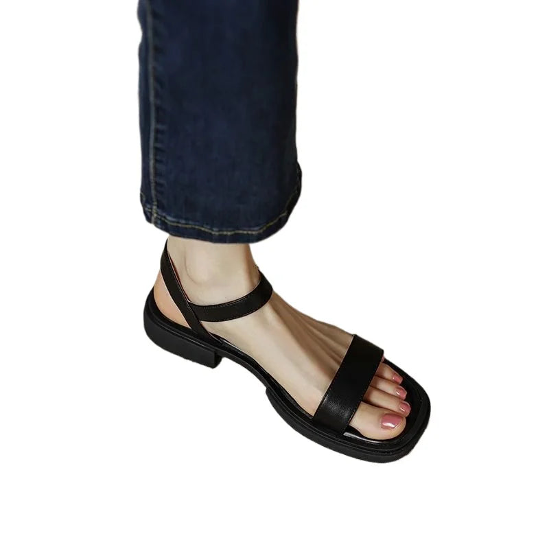 Women's Vegan Leather Sandals with Low Block Heel and Adjustable Strap