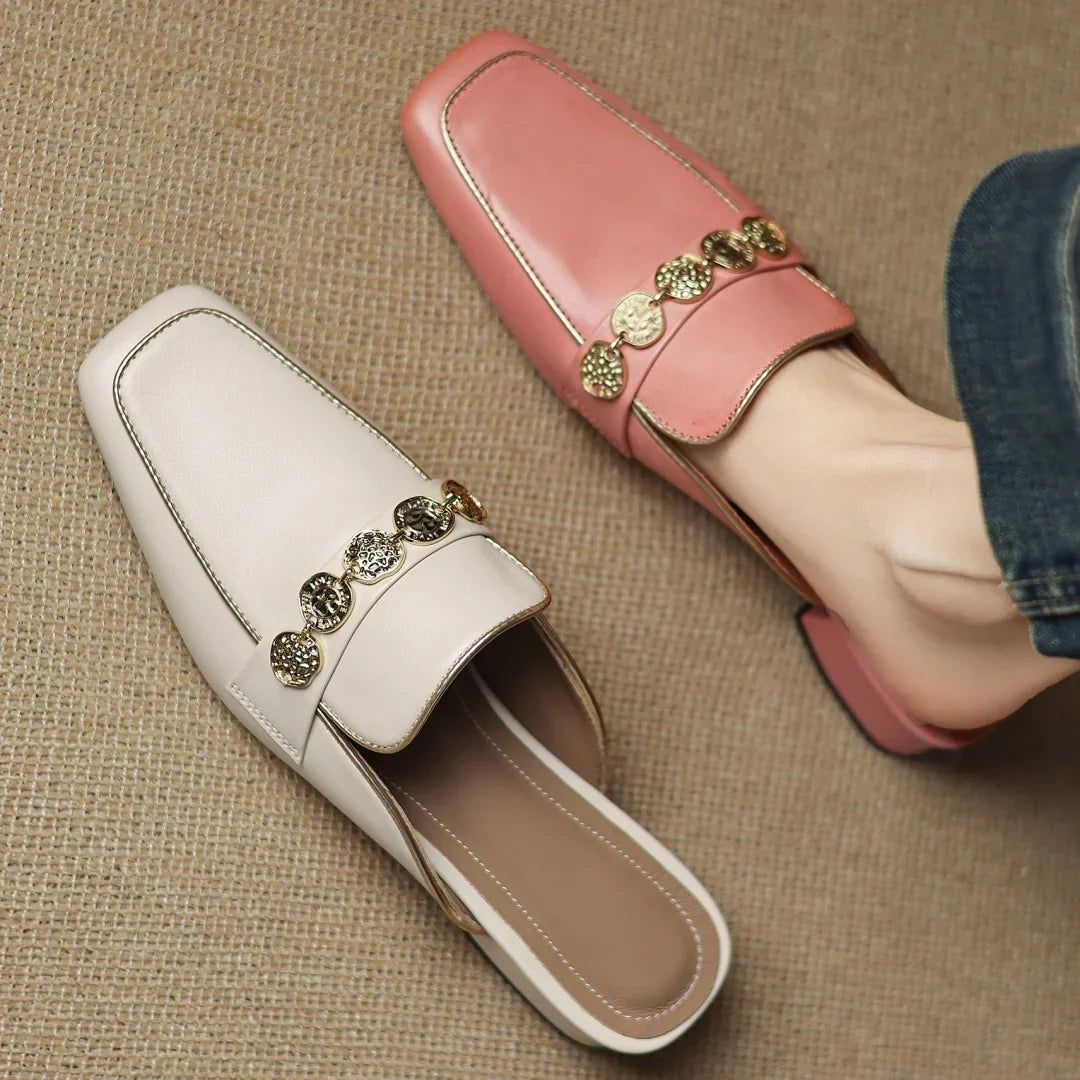 Women's Block Heel Mules with Gold-Tone Medallion Detail