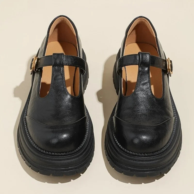 Women's T-Bar Mary Jane Shoes with Brogue Detail and Low Heel