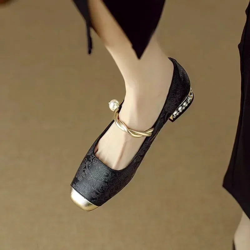 Women's Mary Jane Shoes with Pearl Strap and Glitter Block Heel