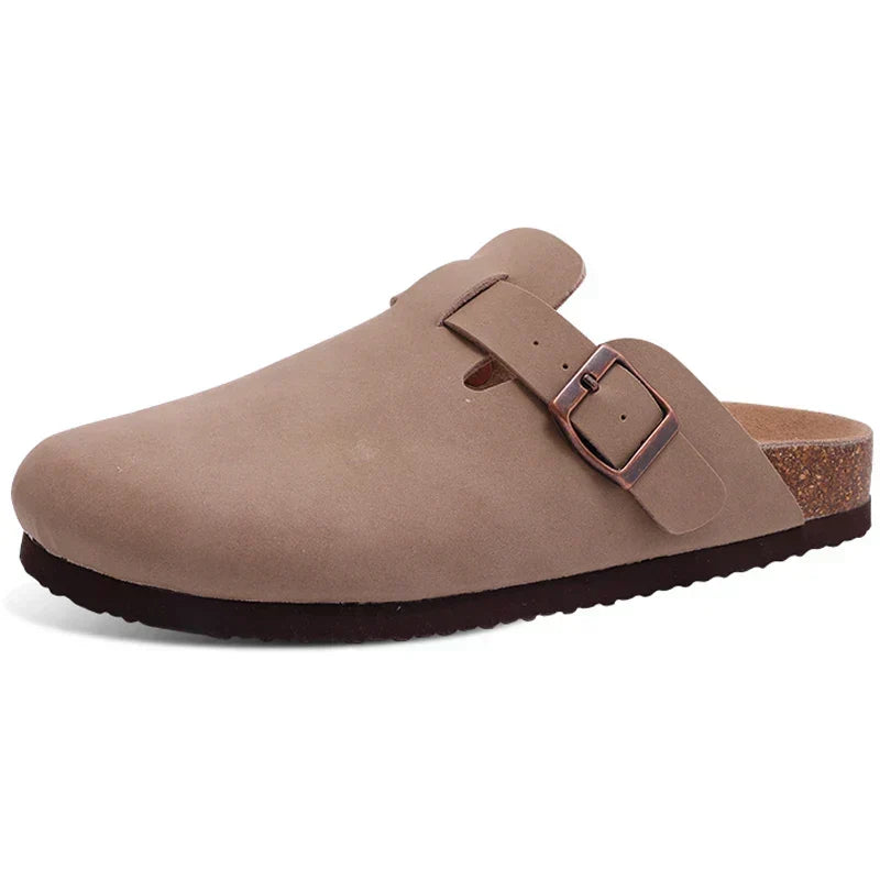 Women's Suede Sandals with Cork Sole and Decorative Buckle