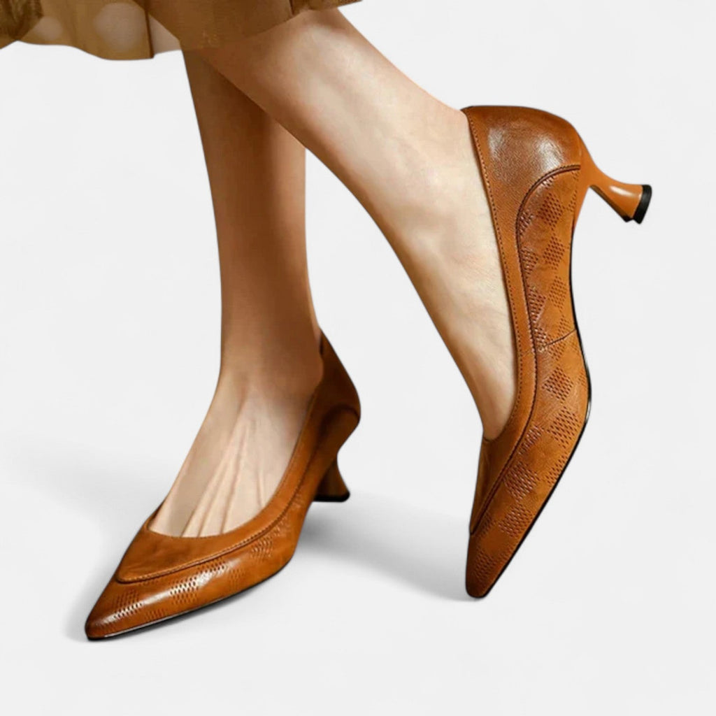 Women's Leather Heels with Embossed Texture and Cushioned Insole