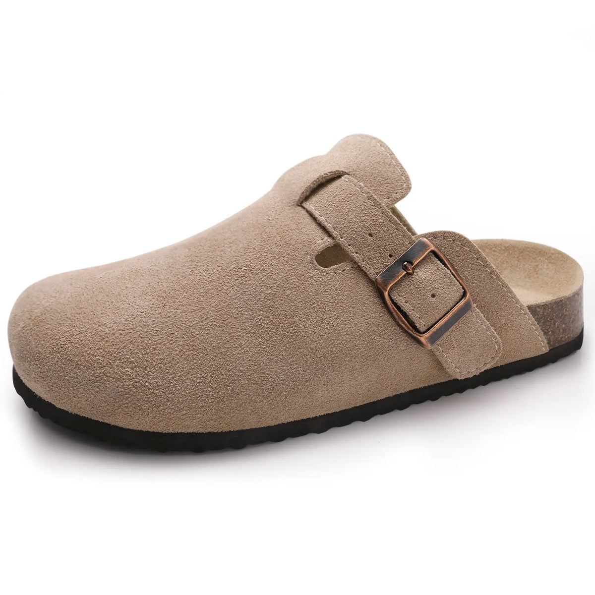 Women's Suede Sandals with Cork Sole and Decorative Buckle